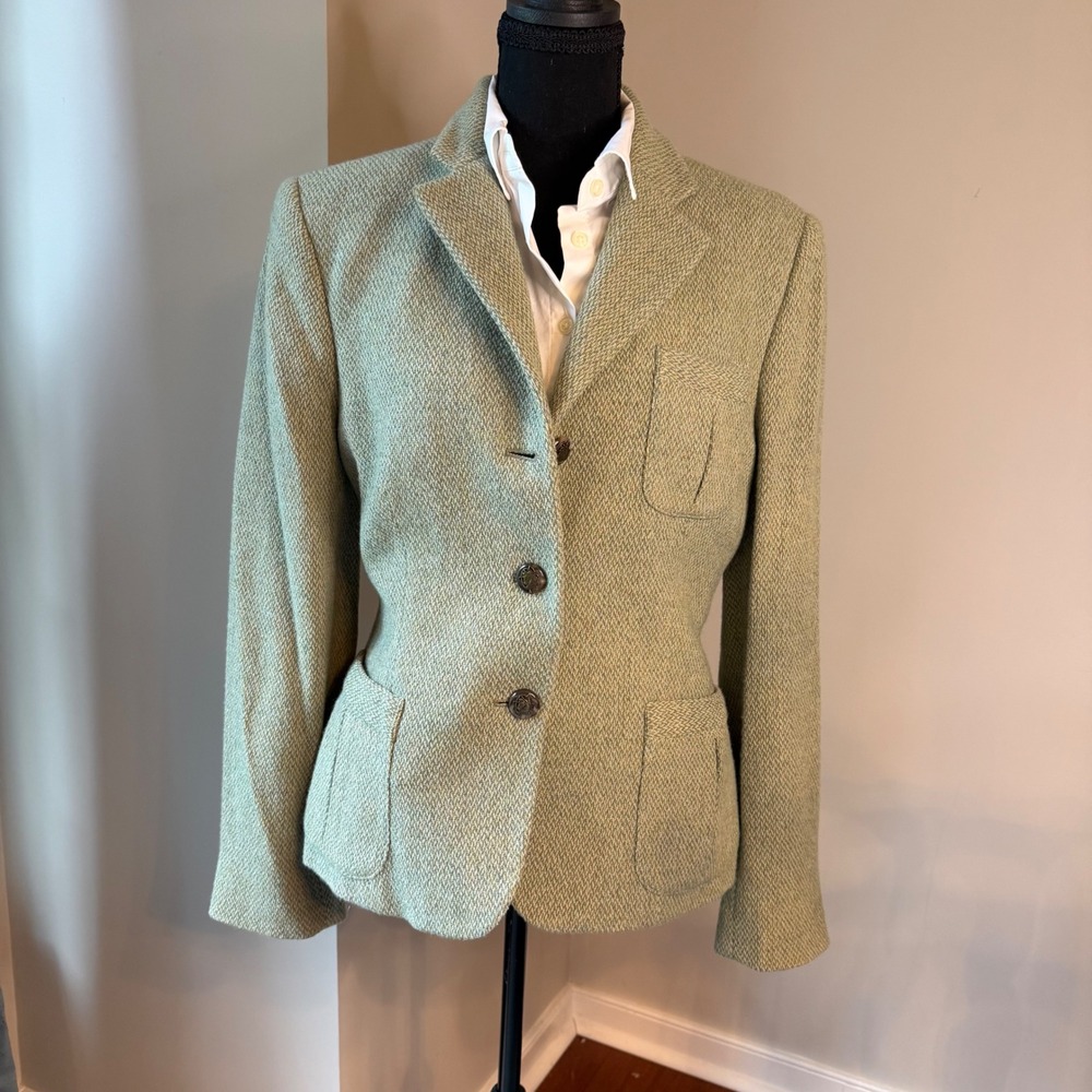 Lauren Ralph Lauren Blazer Women 12 Green Wool Blend Herringbone Horse Buttons